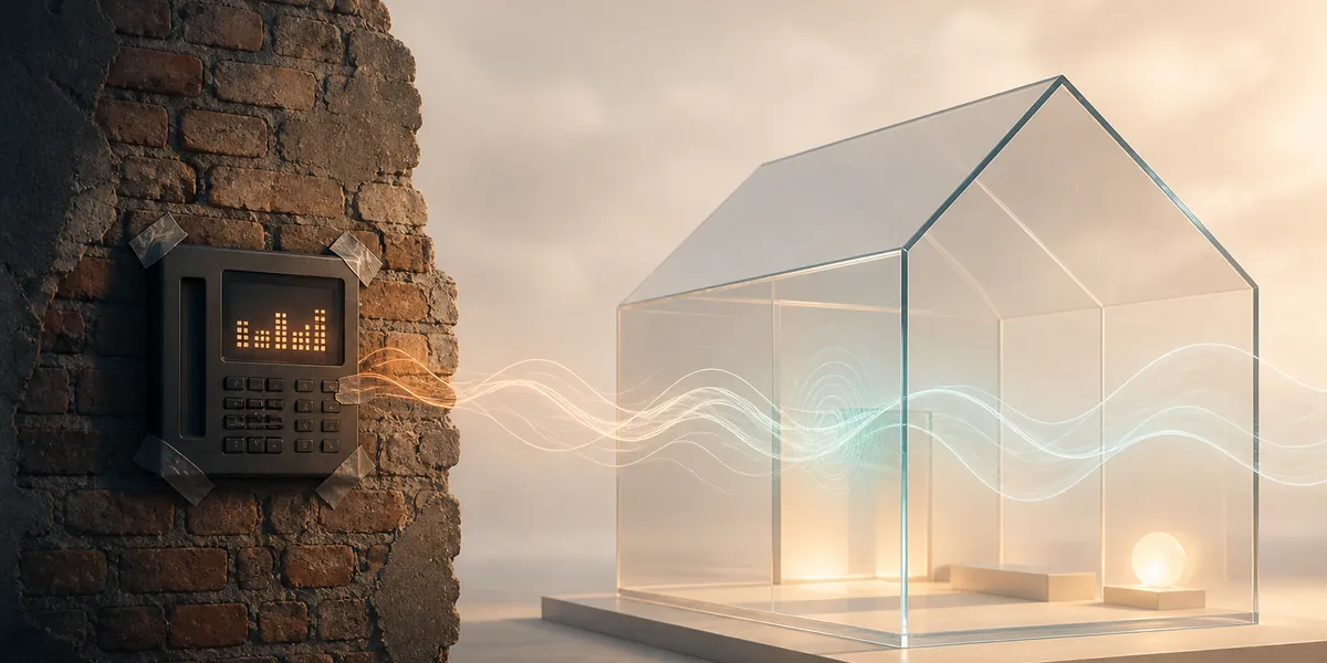 Ilustración conceptual de una pared de ladrillo con un módulo pegado encima frente a una casa de cristal traslúcido por la que fluyen ondas sonoras, simbolizando la diferencia entre centralita clásica con IA añadida y centralita con IA nativa