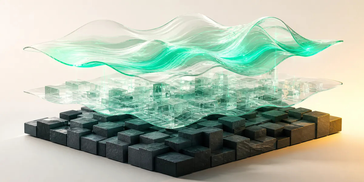Capas geométricas que evolucionan de formas rígidas a ondas fluidas de luz verde, representando la transición de una centralita tradicional a una centralita IA