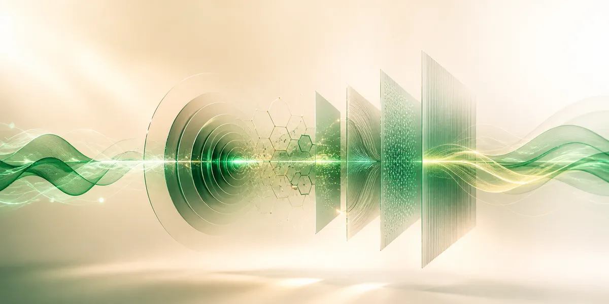 Ondas sonoras verdes que se transforman en patrones geométricos de comprensión y vuelven a salir como voz, representando el flujo de una llamada atendida por un agente de IA