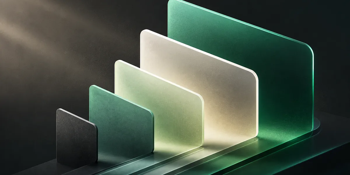 Composición abstracta con cinco capas geométricas en tonos verdes y grises representando comparativa de soluciones de IA telefónica para despachos profesionales